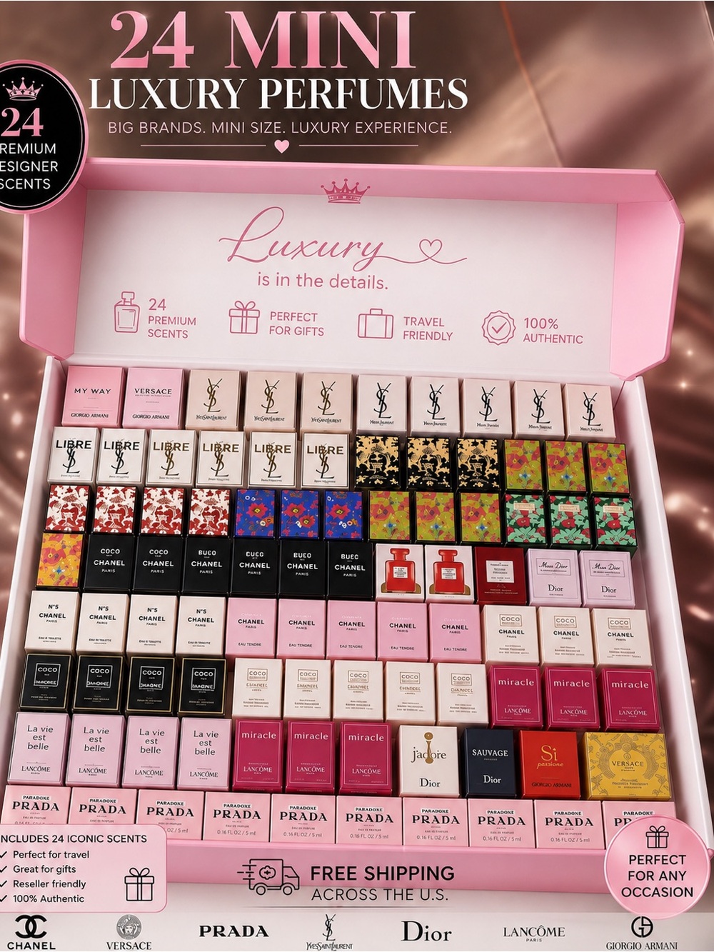 Luxury 24 Mini Perfume Sampler Set - Pink 4ml 5ml 7ml 7.5ml 10ml